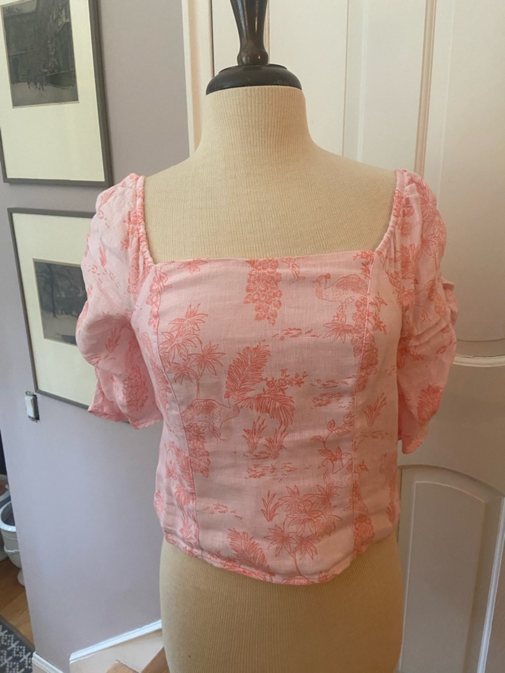 Cynthia Rowley Pink Floral Square-Neck Puff Sleeve Top